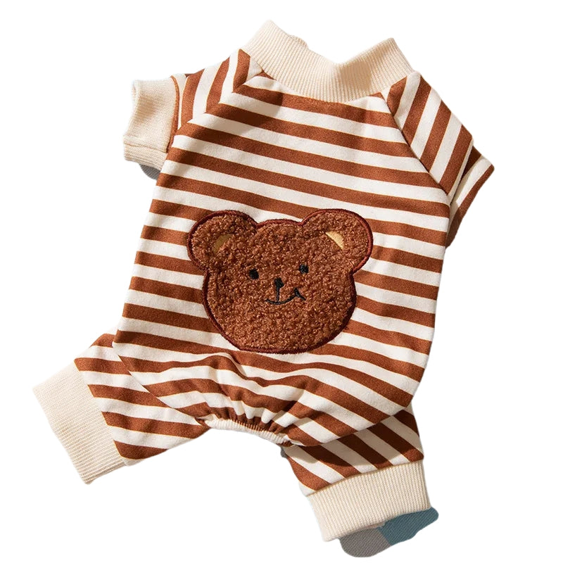 Tutina a Righe con Orsetto per Cani e Gatti - Blu/Marrone