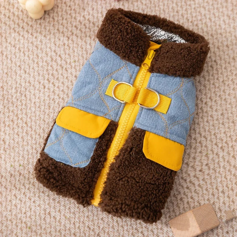 Jeansmantel für Hunde – Ärmellos, blau, mit Reißverschluss hinten