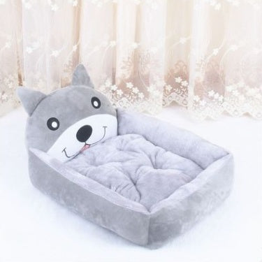 Cama rectangular para perros y gatos con respaldo de personajes animados