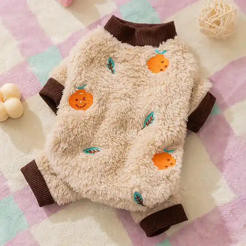 Mono Fuzzy Bordado de Frutas para Perros - Suave y Cálido