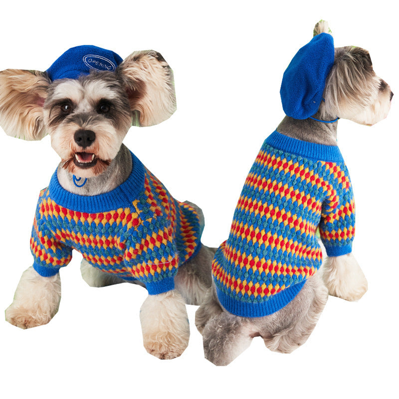Pamplona Dog Sweater | Bright Colors and Yellow, Red and Blue Diamonds
