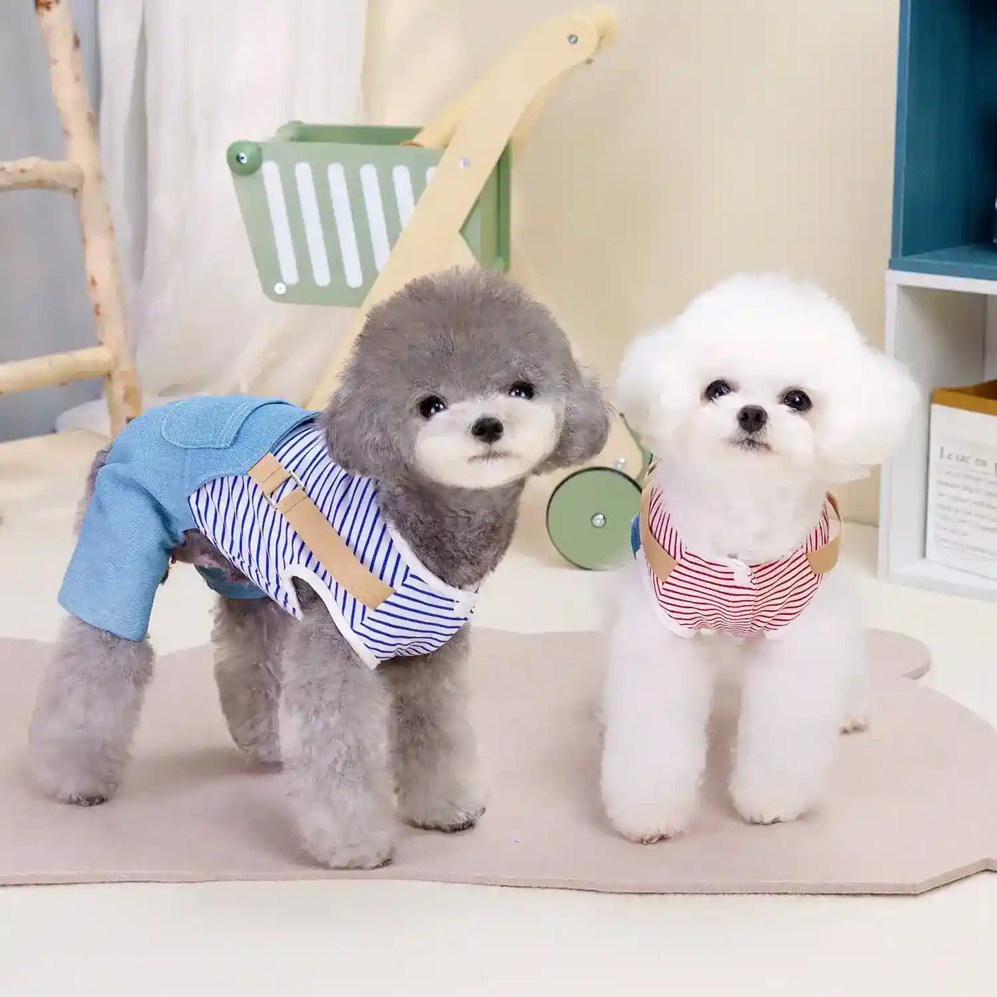 Tutina Cane con Bretelle - Maglietta Righe e Pantaloni Jeans by Dog Moda
