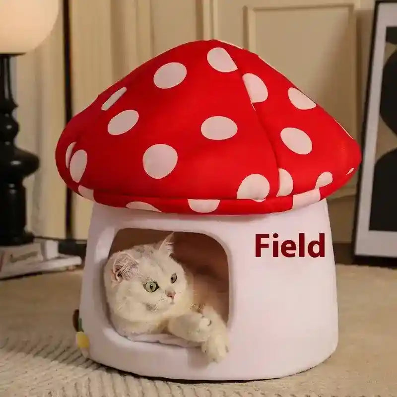 取り外し可能なクッション付き赤いキノコ型猫用ベッド