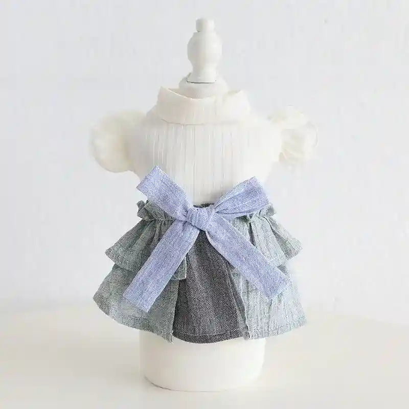 Cotton Linen Denim Blue Flounced Sleeve Skirt Pet Clothes by Dog Moda
