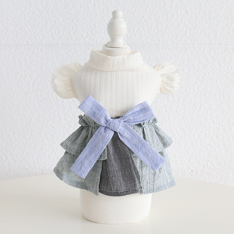 Cotton Linen Denim Blue Flounced Sleeve Skirt Pet Clothes