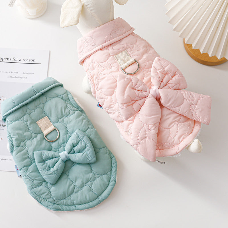 Dog Coat with Bow, Teddy Quilting and Harness Ring
