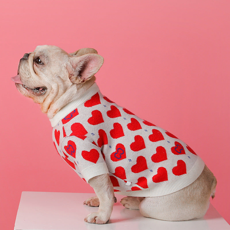 White Wool Small Dog Sweater with Red Hearts – Comfortable and Warm