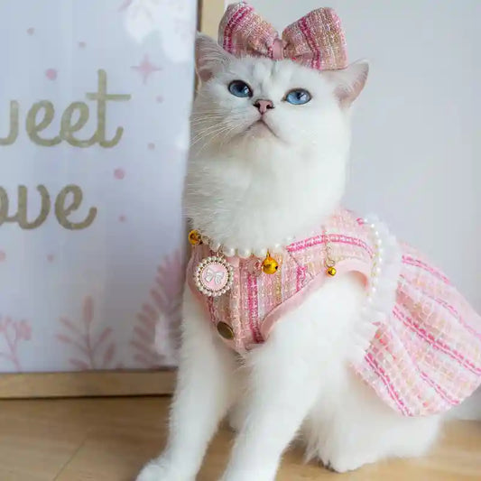 Vestito Gatti Fiocchetto Rosa - Abito Elegante Pettorina by Dog Moda