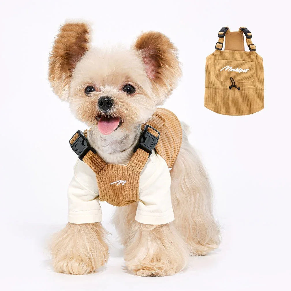 Moosipet Velvet Dog Overalls - Beige Pocket Suspenders