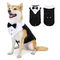 Shiba Inu dog wearing black and white tuxedo pet costume with bow tie, cute formal dog outfit