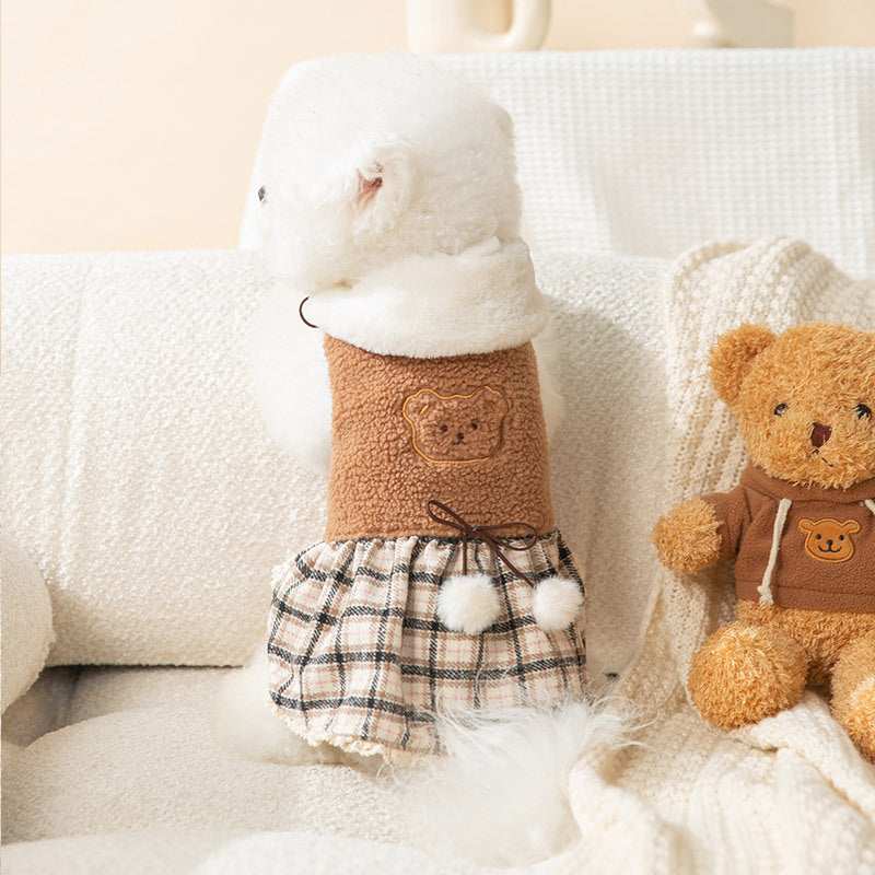 Teddy Bear Fleece Dog Dress with Scarf and Bow - Warm and Comfortable 