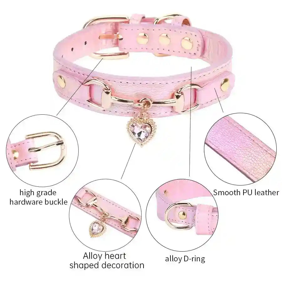 Collare Queen in Pelle con Cuore e Zirconi per Cani e Gatti by Dog Moda