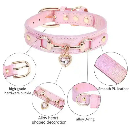 Collare Queen in Pelle con Cuore e Zirconi per Cani e Gatti by Dog Moda
