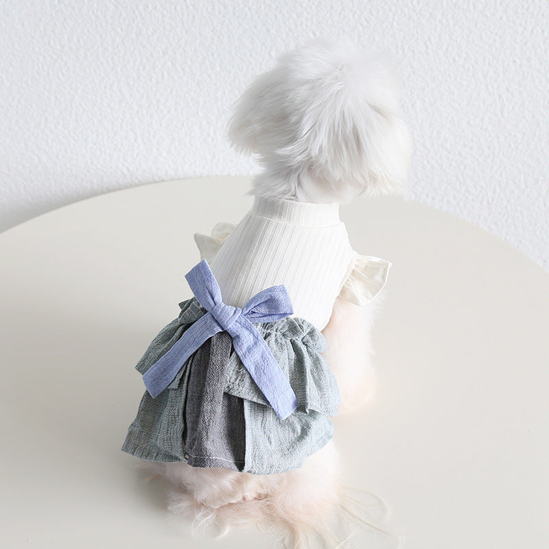 Cotton Linen Denim Blue Flounced Sleeve Skirt Pet Clothes
