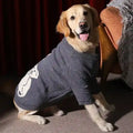 Golden retriever dog wearing gray sweater with white snowman design sitting indoors on carpet