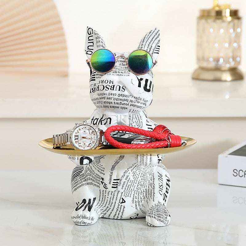 Statua Bulldog Francese in Ceramica con Piatto e Salvadanaio