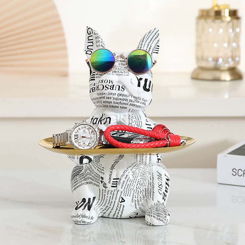 Statua Bulldog Francese in Ceramica con Piatto e Salvadanaio