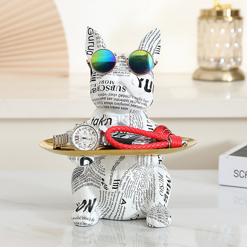 Statua Bulldog Francese in Ceramica con Piatto e Salvadanaio