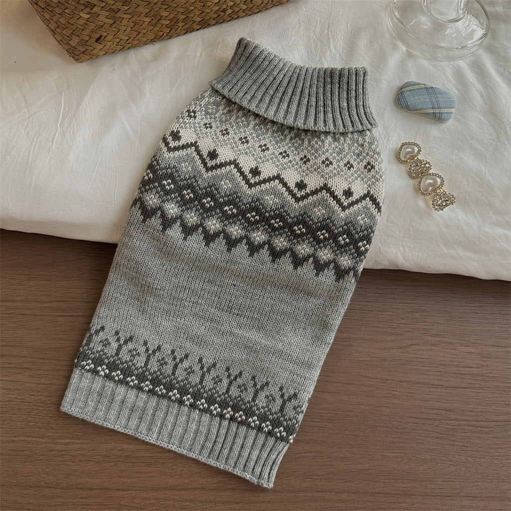 Maglione Cani Gatti Fair Isle Collo Alto Grigio Inverno