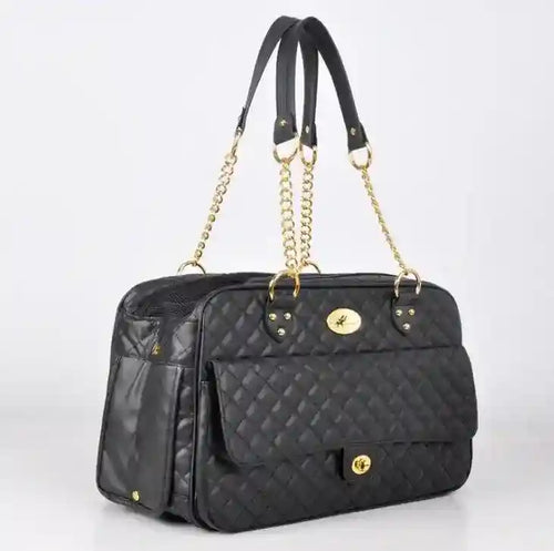 Black quilted eco leather pet carrier bag with gold chain straps and front pocket