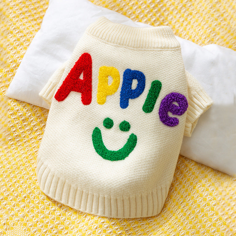 Maglione APPLE per Cani - Bianco con Ricamo e Smile