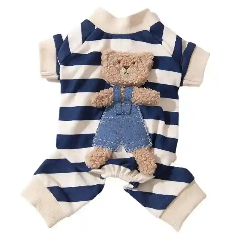 Tutina a Righe con Orsetto per Cani e Gatti - Blu/Marrone by Dog Moda