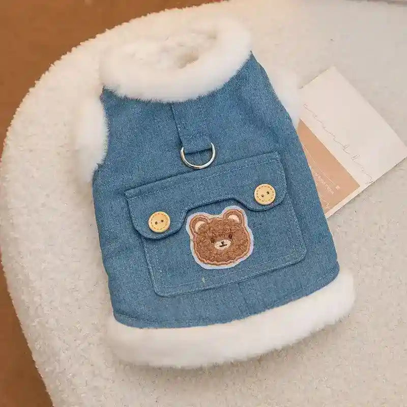 Gilet Pile Cani con Orsetto - Blu Jeans con Gancio Guinzaglio by Dog Moda