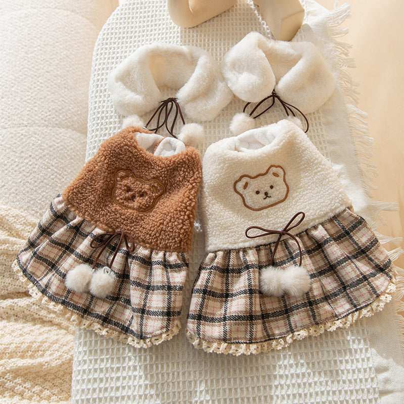 Teddy Bear Fleece Dog Dress with Scarf and Bow - Warm and Comfortable 