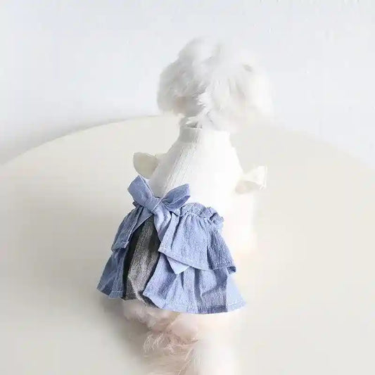 Cotton Linen Denim Blue Flounced Sleeve Skirt Pet Clothes by Dog Moda