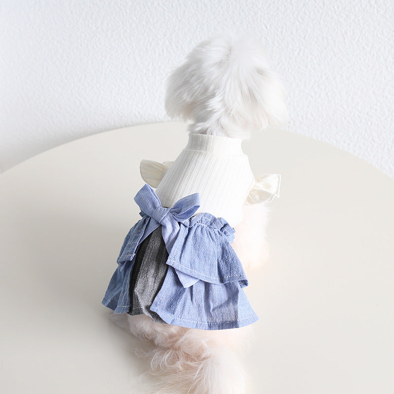 Cotton Linen Denim Blue Flounced Sleeve Skirt Pet Clothes