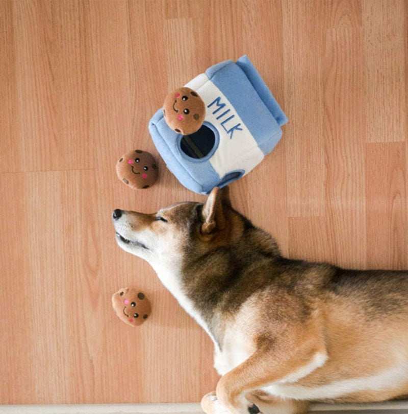 Interactive Plush Dog Toy – Milk Container with Cookies