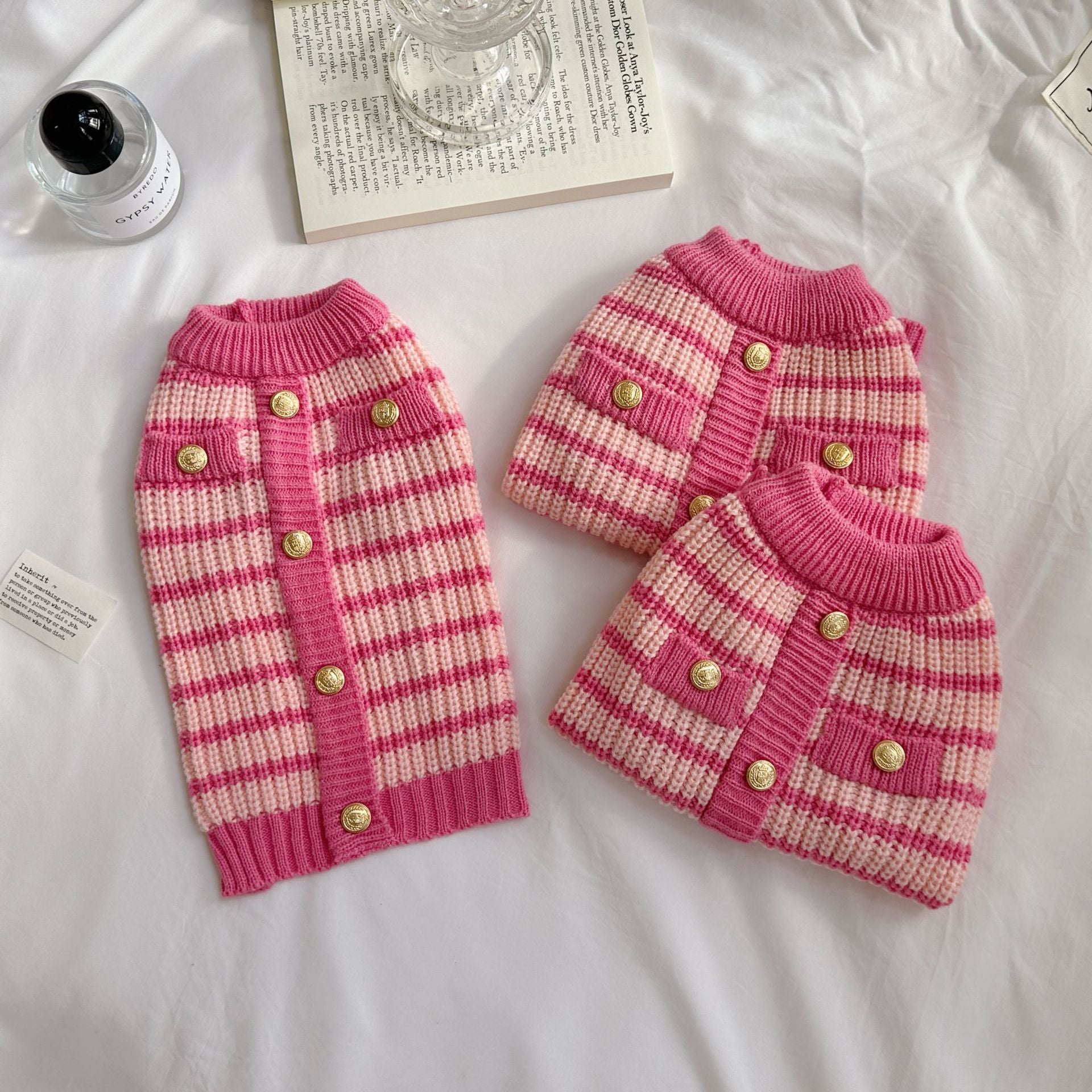 Pink Striped Dog Sweater with Gold Buttons