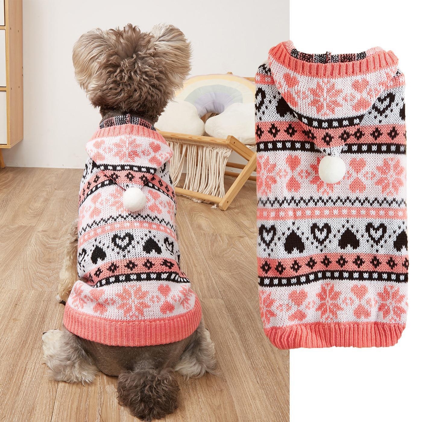 Dog Sweater with Hood and Pom Pom | Heart Pattern 