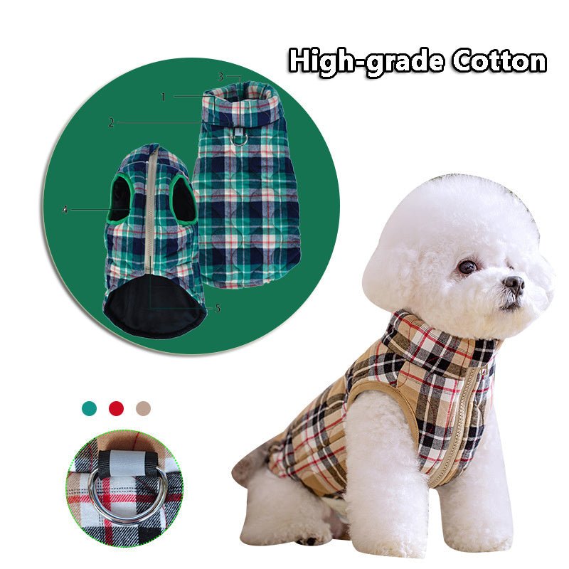 Cappottino in Tessuto Stile Tartan per Cani con Pettorina Integrata e Chiusura a Zip - Dog Moda