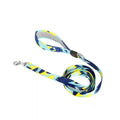 Multicolor patterned dog leash with padded handle and metal clip on white background