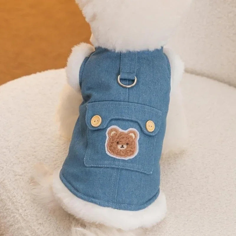 Fleeceväst för hundar med nalle - Blå jeans med koppelkrok