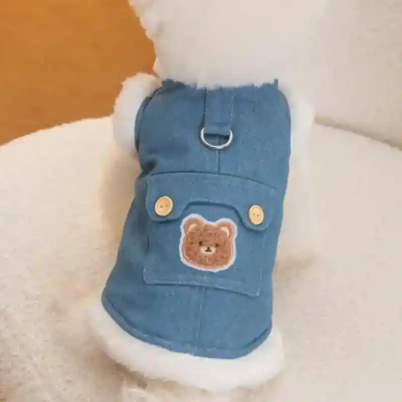 Gilet Pile Cani con Orsetto - Blu Jeans con Gancio Guinzaglio by Dog Moda