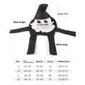 Black and white ghost dog Halloween costume with bust and neck straps, size chart included