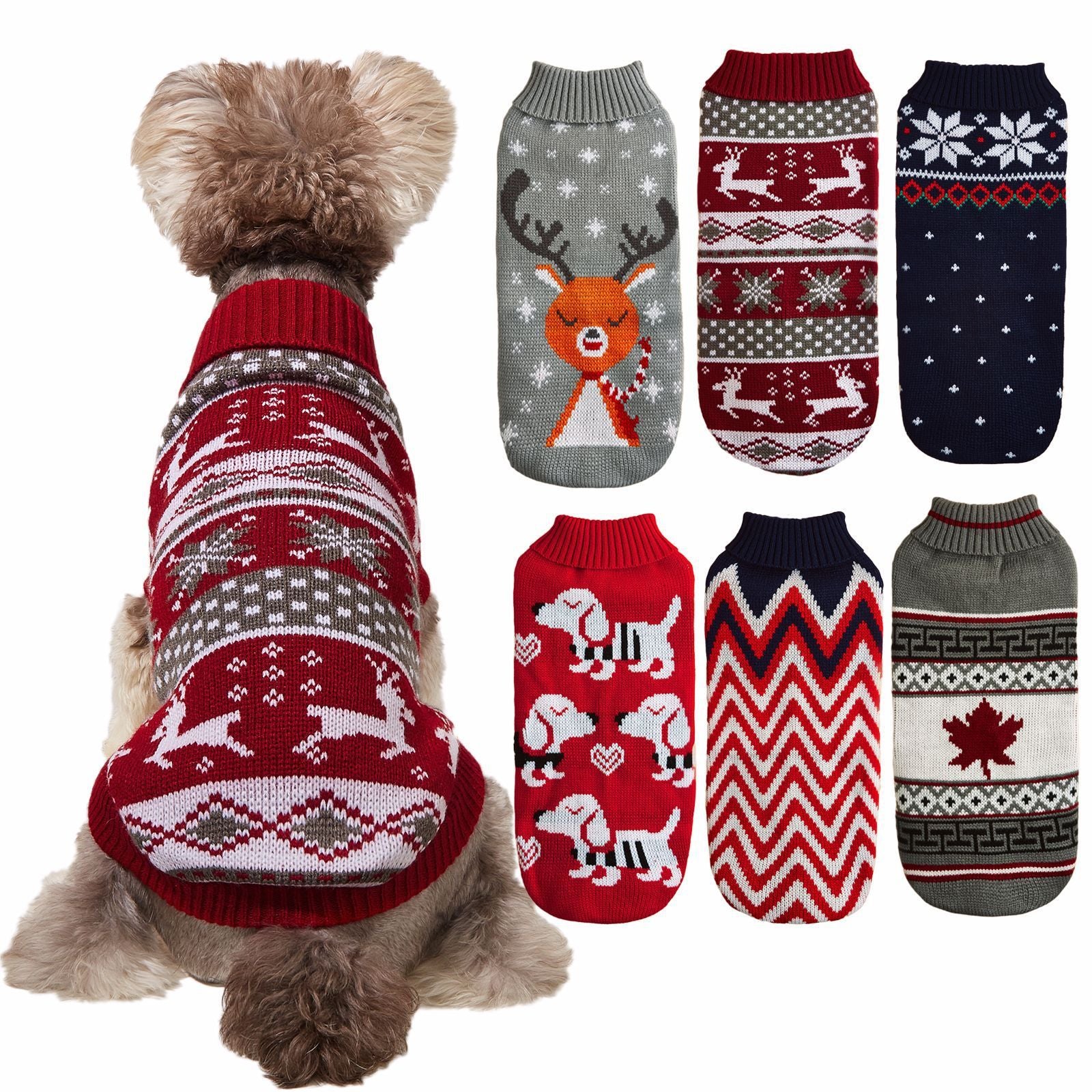 Christmas Dog Sweater with Reindeer Embroidered, Warm and Cozy 