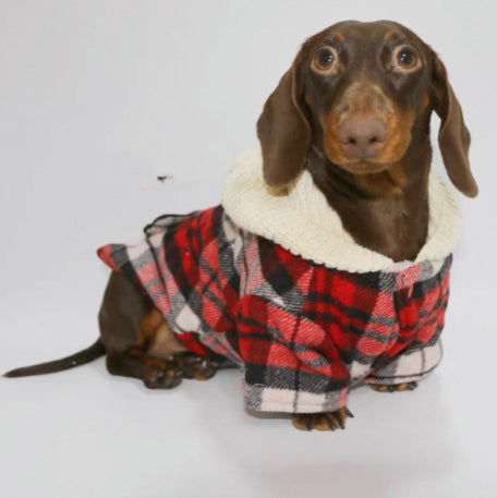 Red Plaid Dog Coat with Hood and Pom Pom