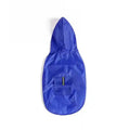 Blue waterproof dog raincoat with reflective strip and hood on white background