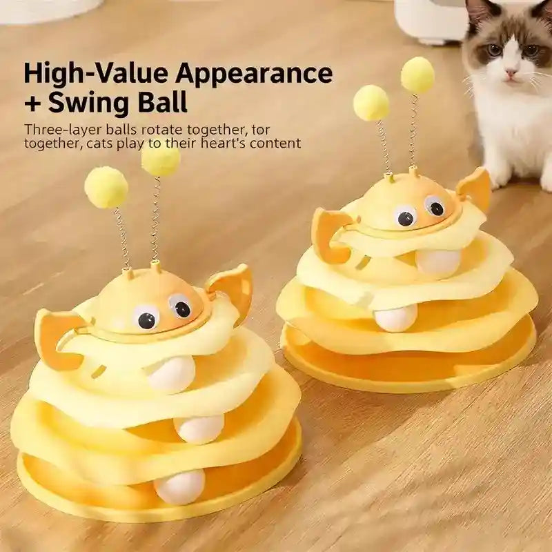 猫用3段遊びタワー - 回転するボールとミツバチ