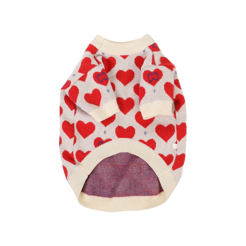 White Wool Small Dog Sweater with Red Hearts – Comfortable and Warm