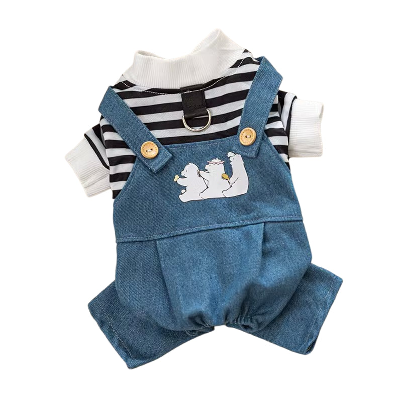 Salopette Jeans per Cani con Maglia a Righe - Tutina Cane