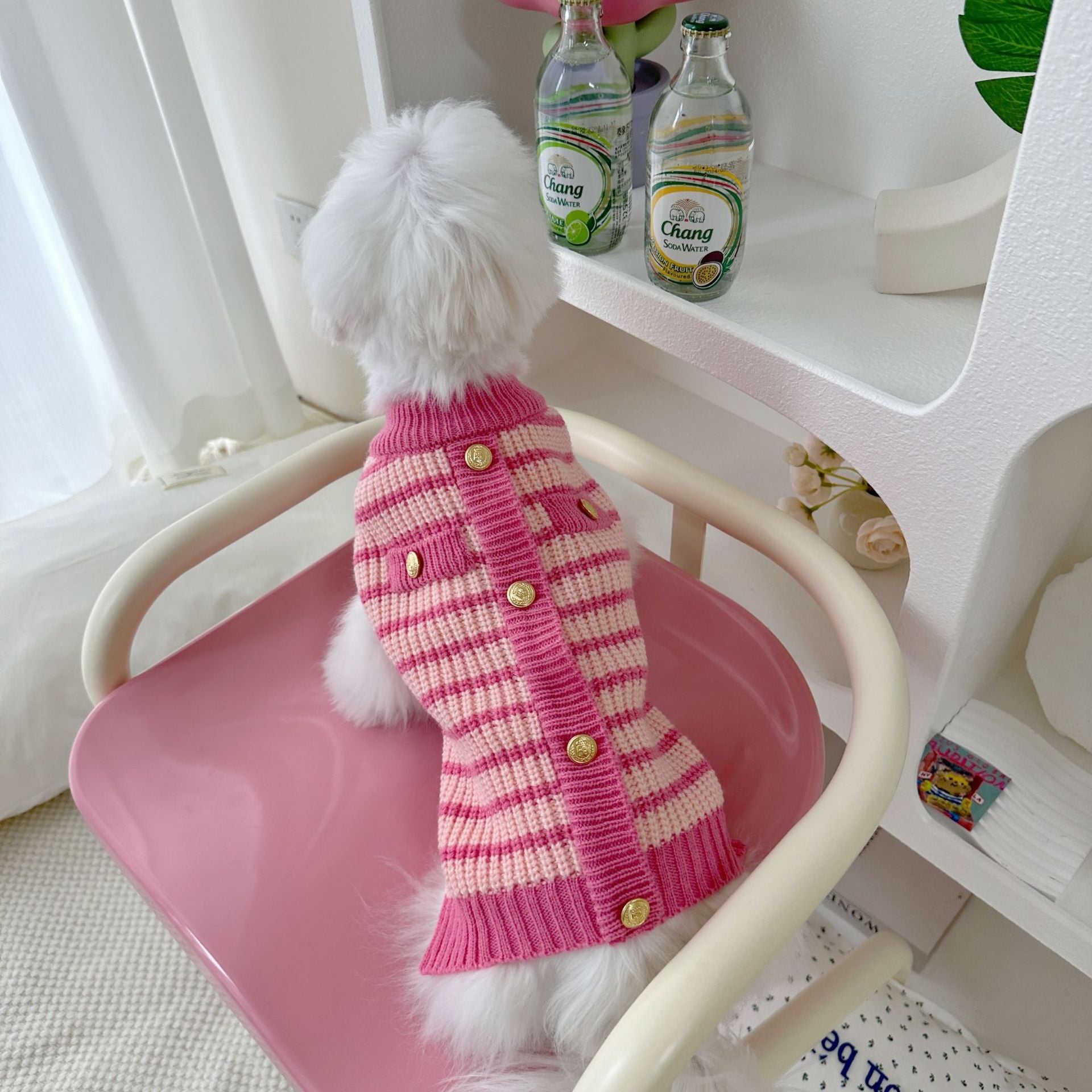 Pink Striped Dog Sweater with Gold Buttons