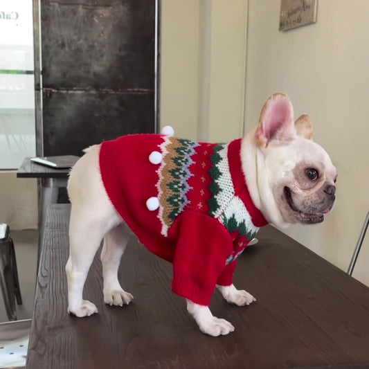 Maglione Rosso per Cani con Ricamo Natalizio e Pon Pon Bianco