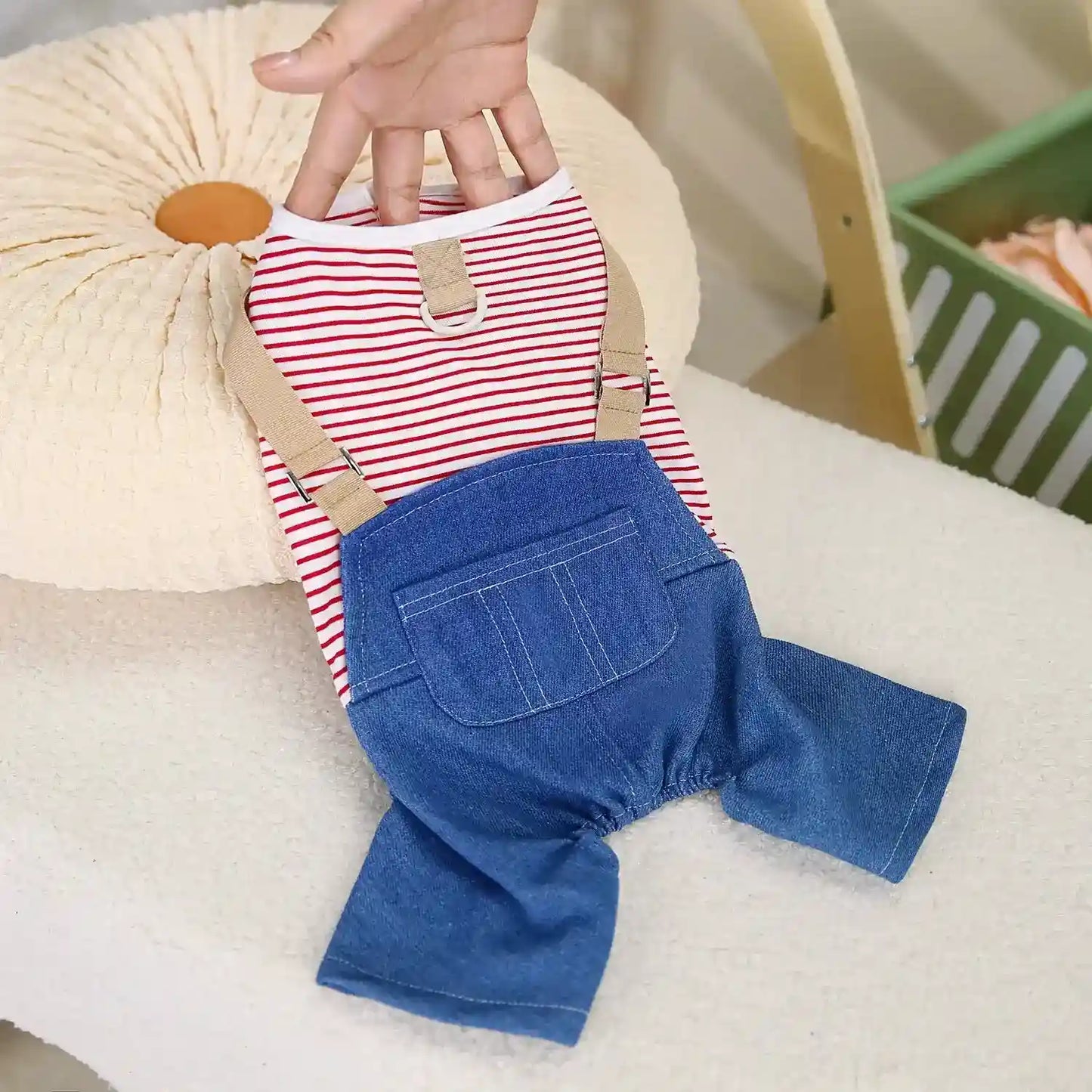 Tutina Cane con Bretelle - Maglietta Righe e Pantaloni Jeans by Dog Moda