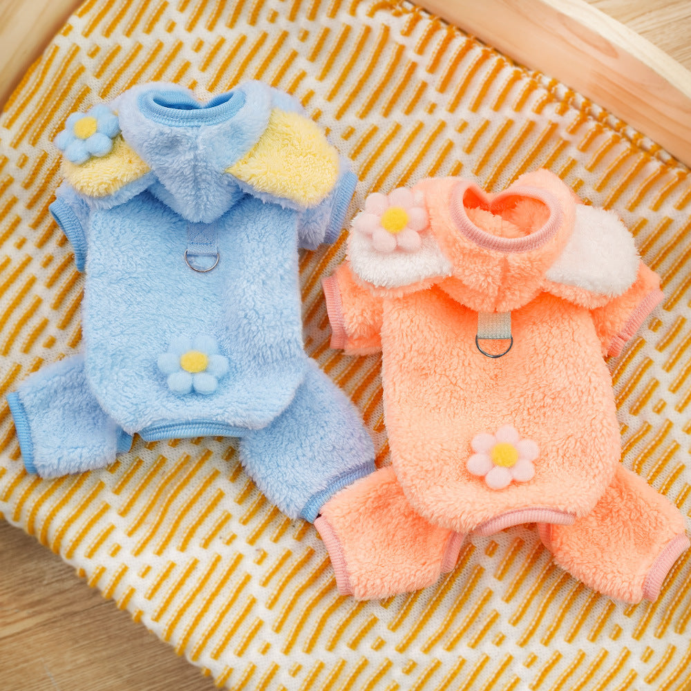 Tutina Pile Cane 4 Zampe con Cappuccio e Margherite