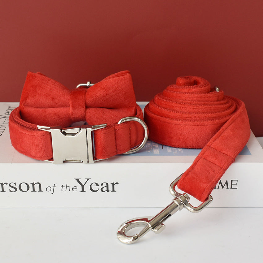 Red Velvet Dog Collar and Leash Set - "Bouquet" Model