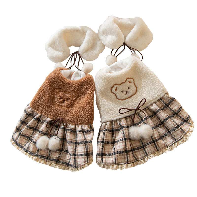 Teddy Bear Fleece Dog Dress with Scarf and Bow - Warm and Comfortable 